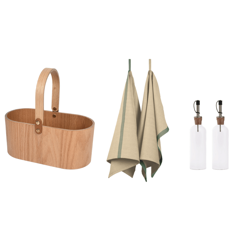 Ekta Living woodtray, olie/eddike flasker & viskes